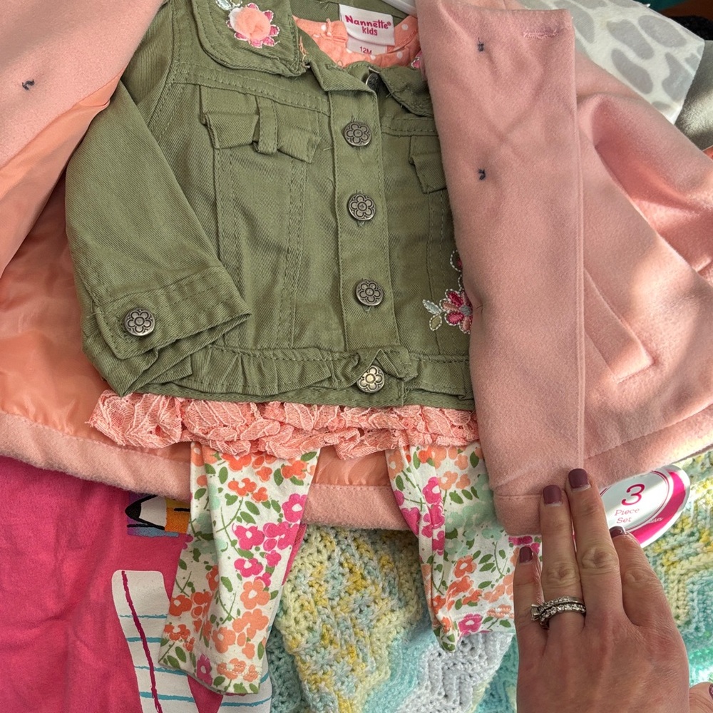 Marmellata Kids Green Jacket with Pink Floral Details